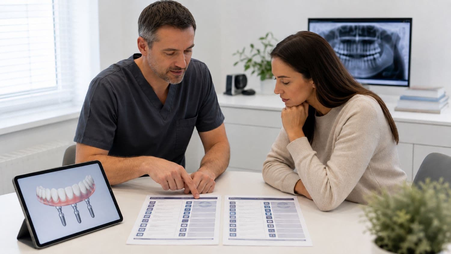 Dentist helping a patient compare two complete All-on-4 dental implant quotations item by item