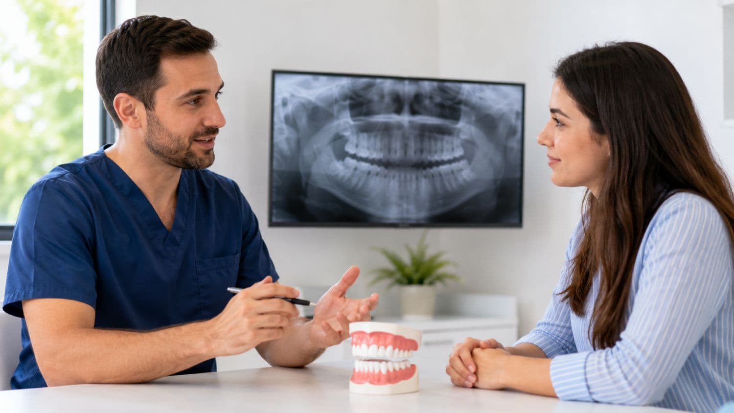 مكتب لتخطيط علاج الأسنان عليه نموذج فك ولوح فارغ وقلم وصورة تشخيصية