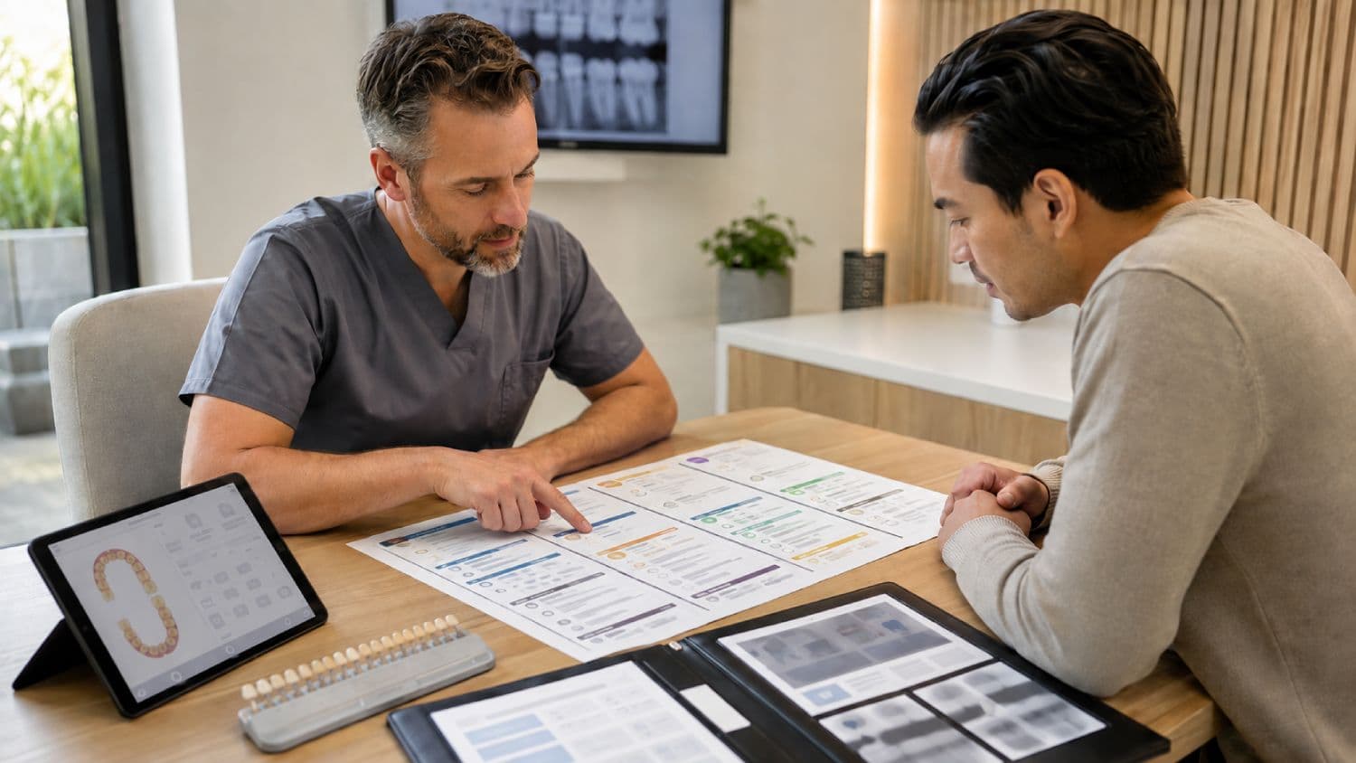 Dentist and patient comparing an itemized cosmetic dentistry quotation, treatment options, inclusions and aftercare