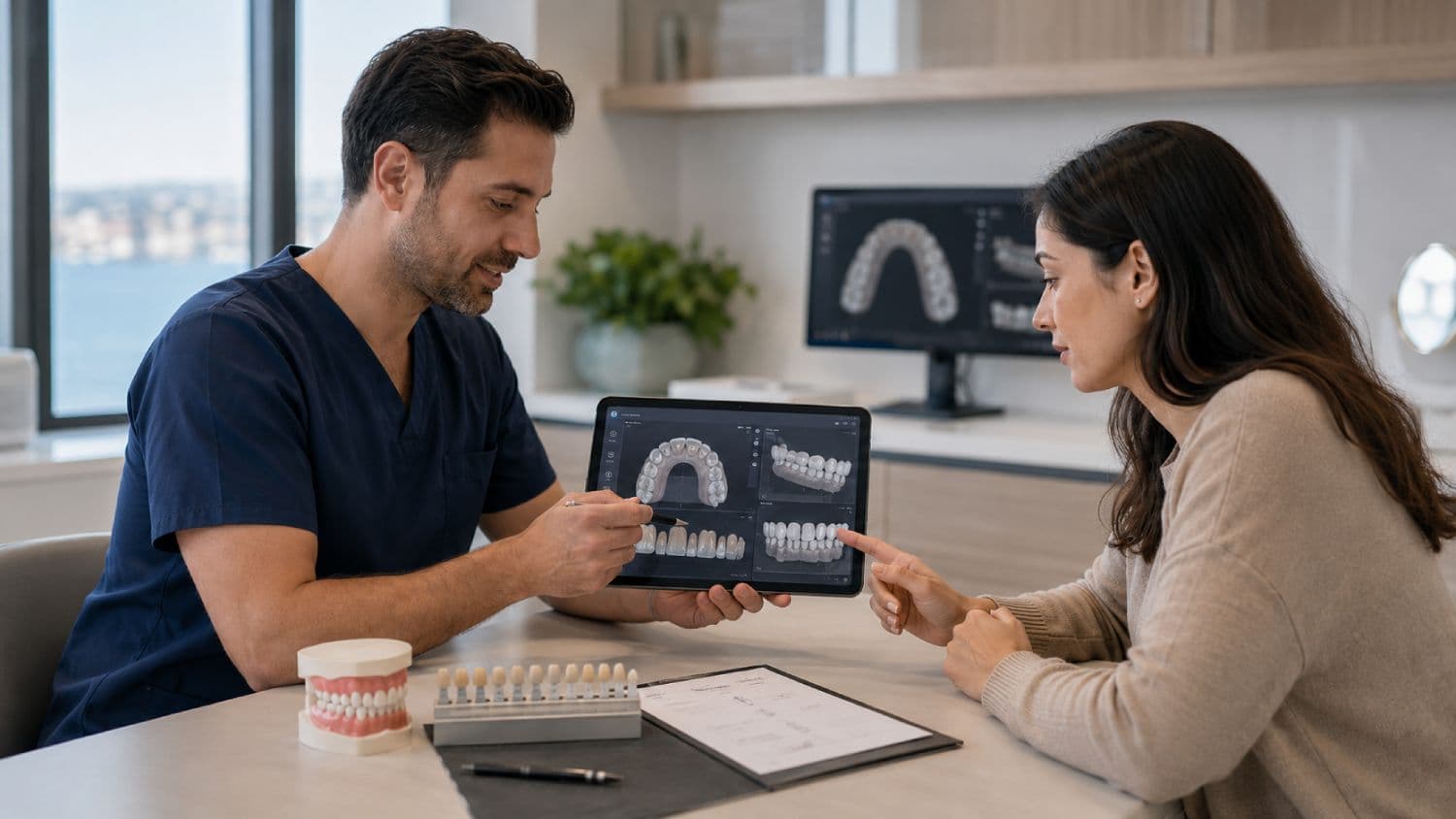 Dentista revisando escaneados digitales y un plan estético desglosado con un paciente