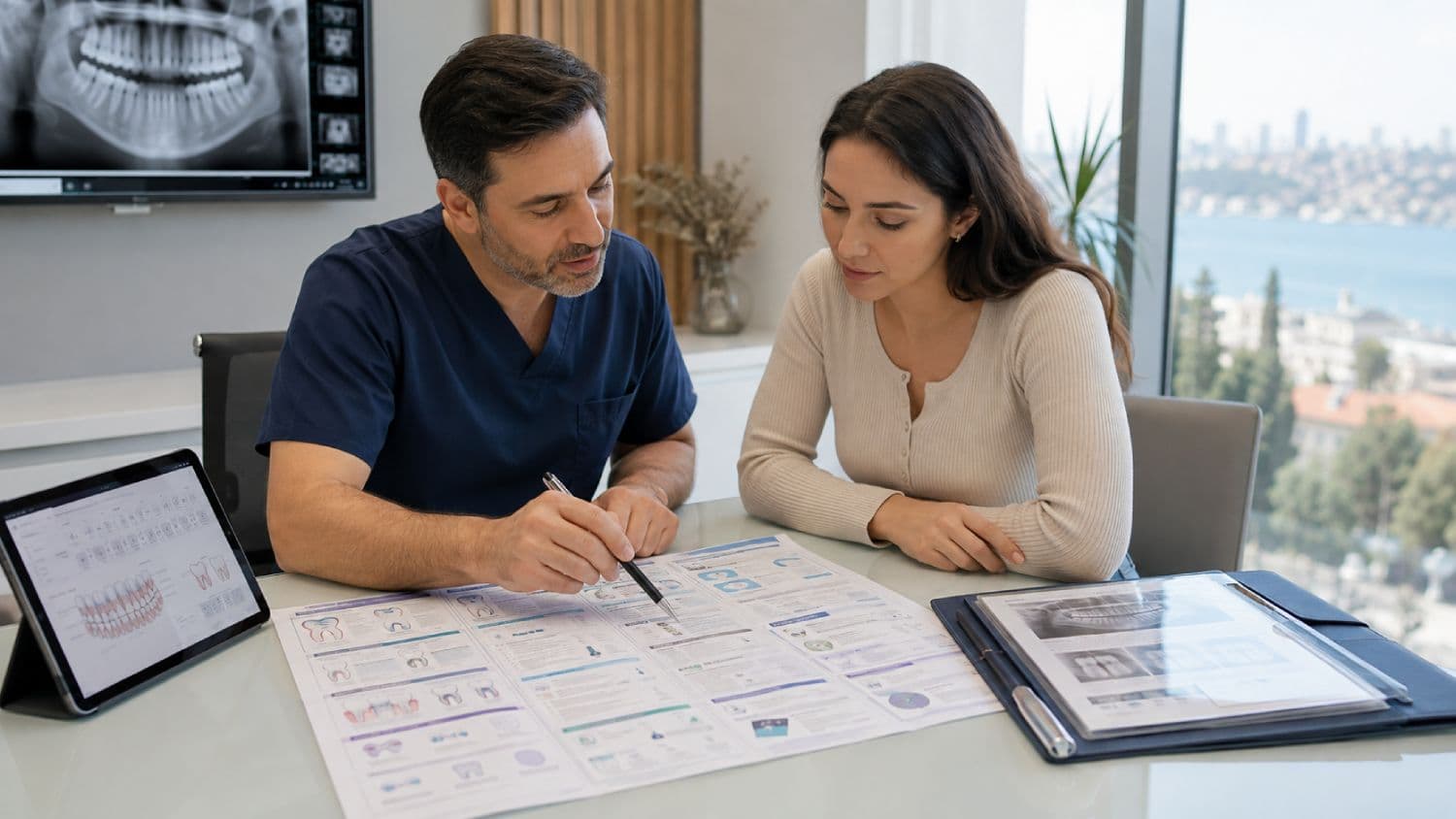 Dentist and patient comparing an itemized dental quotation, treatment records, aftercare and remedial responsibilities