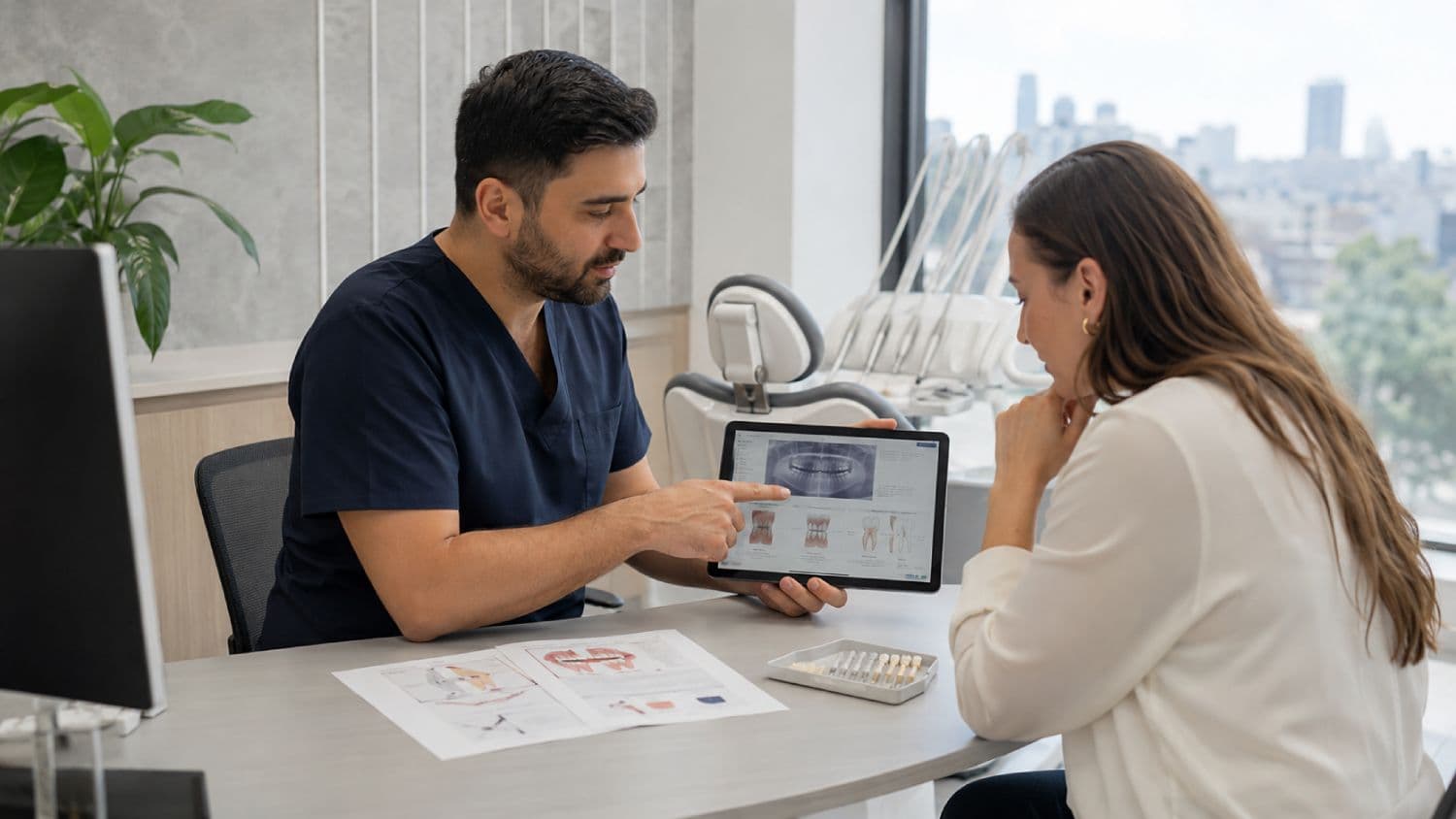 Türkiye'deki bir diş kliniğinde tanıya dayalı tedavi planını inceleyen diş hekimi ve uluslararası hasta