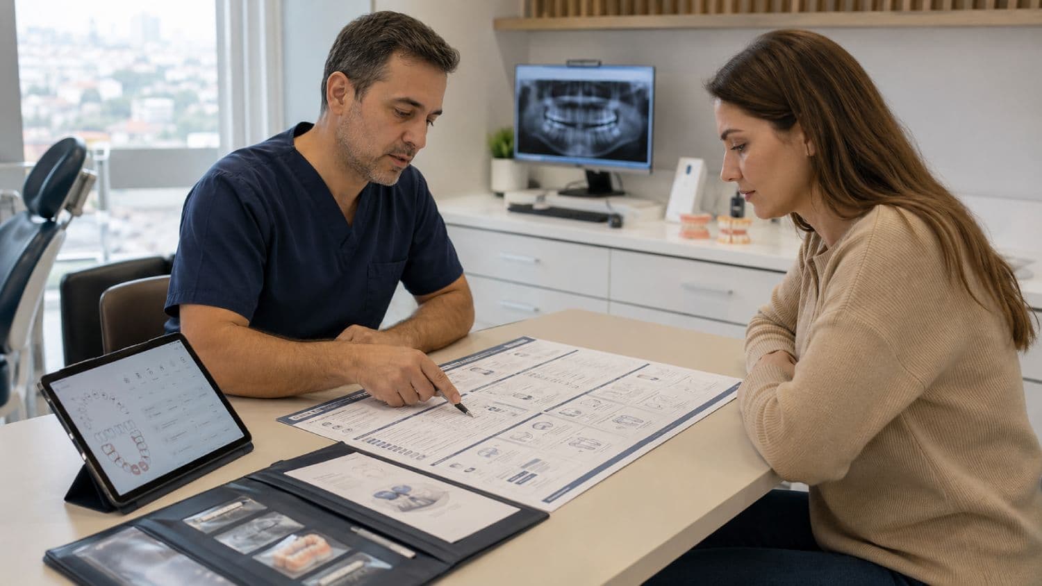 Dentist helping a patient compare an itemized dental quotation, treatment records, and aftercare arrangements