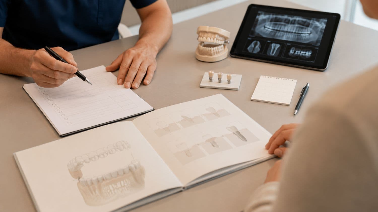 Dentist and patient reviewing an itemized dental implant plan before traveling to Turkey