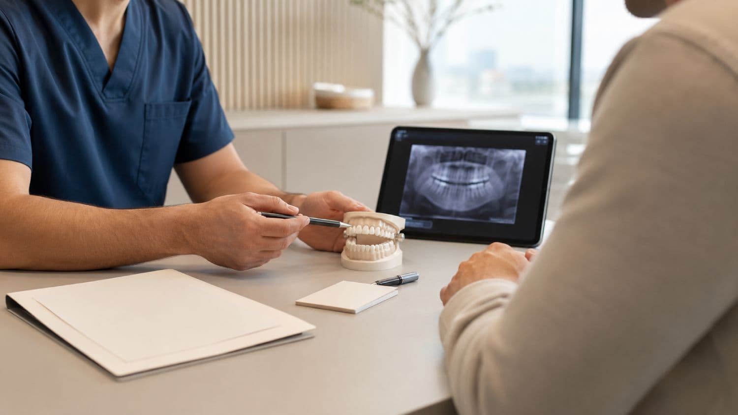 دندان‌پزشک و بیمار در حال بررسی برنامه بیمارمحور ایمپلنت برای درمان در ترکیه