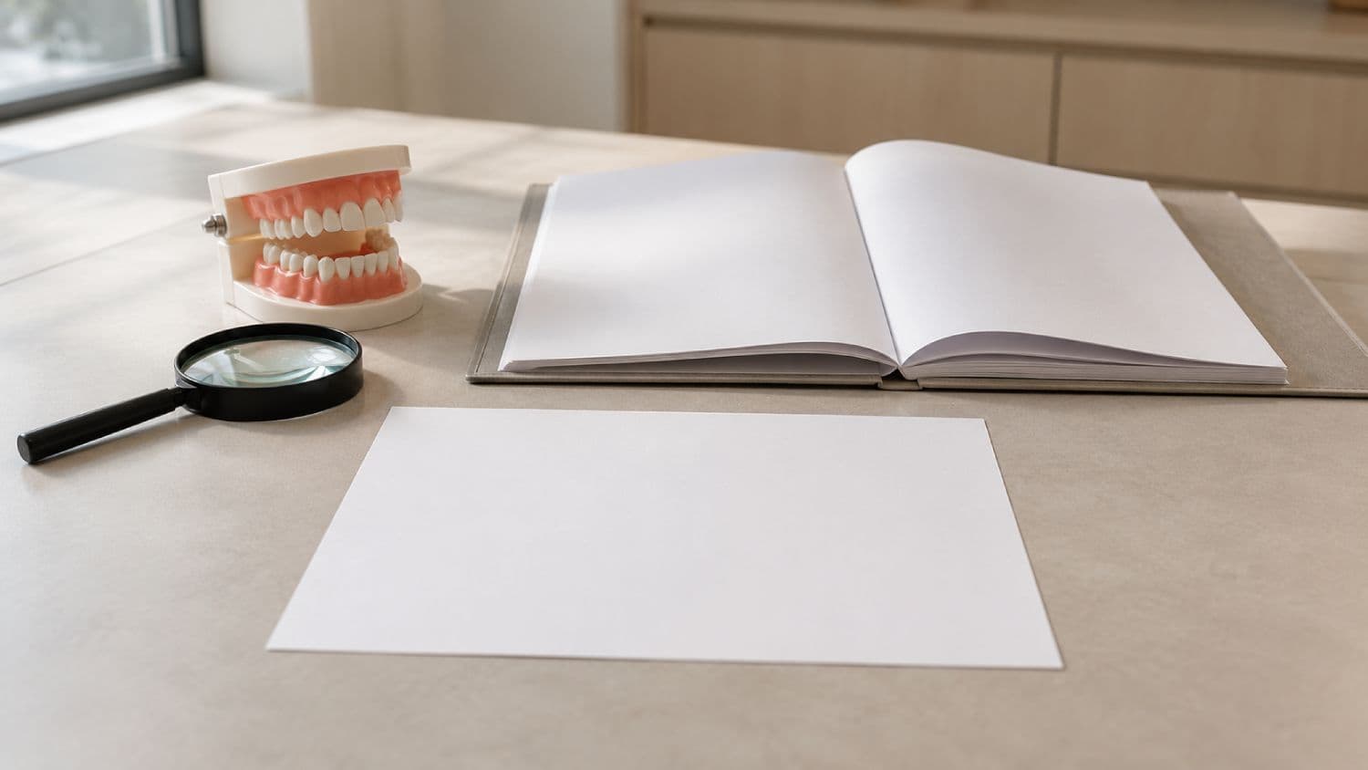 Loose blank sheet beside an open records folder, dental arch model, and magnifying glass on a desk