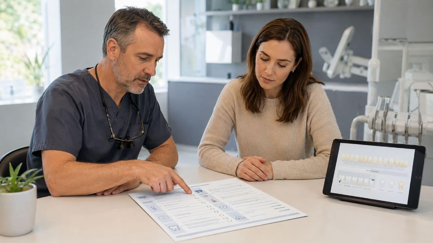 Dentist reviewing an itemized teeth-whitening quotation and restoration colour plan with a patient