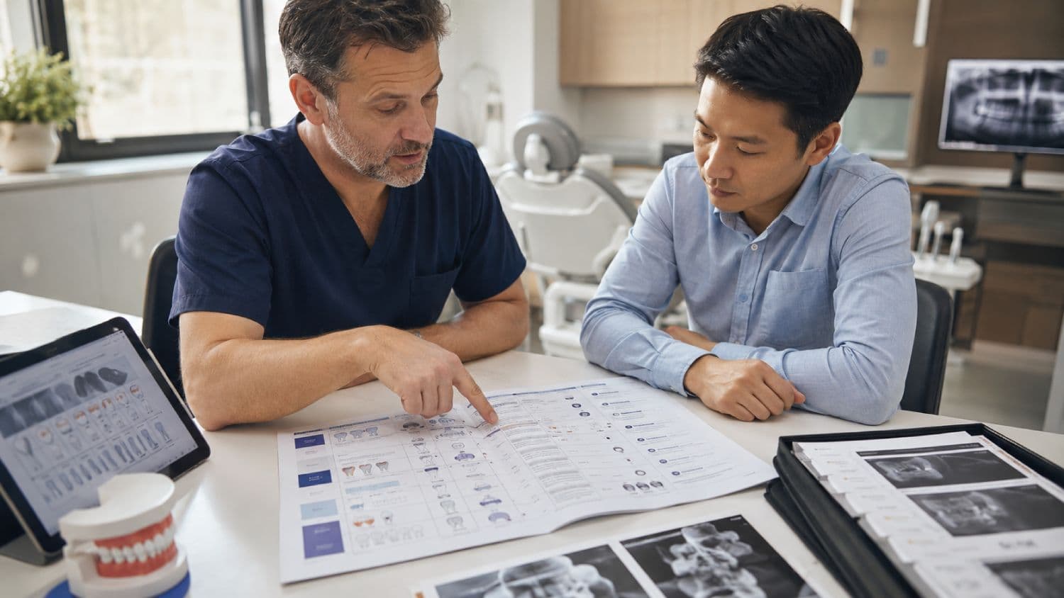 Dentist helping a patient compare an itemized dental quotation, treatment records, and aftercare arrangements